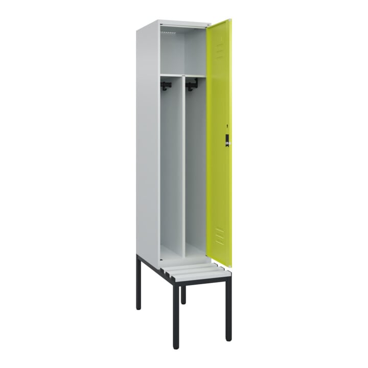 C+P Spind Classic PLUS, Bank, 1 Abteil, 2120x400x815mm, 7035/0024 Verschluss Zylinderschloss 4 Garderobenhaken Trennwand mittig Dekor Banklatten RAL 7035 Lichtgrau Sitzbanktyp untergebaut