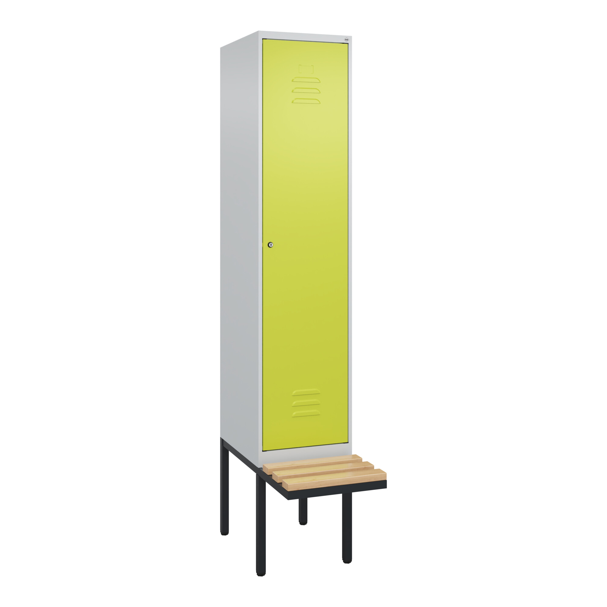 C+P Spind Classic PLUS, Bank, 1 Abteil, 2120x400x815mm, 7035/0024 Verschluss Zylinderschloss 4 Garderobenhaken Trennwand mittig Sitzbanktyp auskragen
