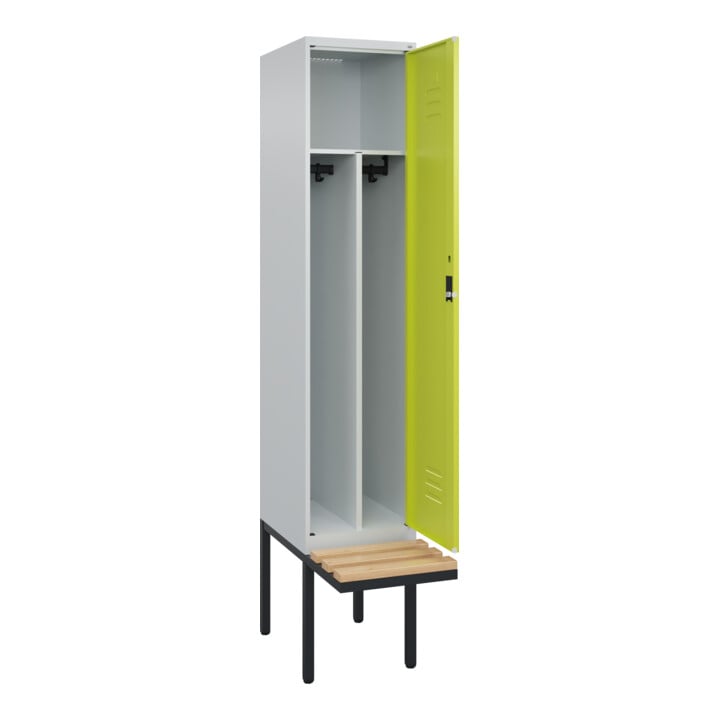 C+P Spind Classic PLUS, Bank, 1 Abteil, 2120x400x815mm, 7035/0024 Verschluss Zylinderschloss 4 Garderobenhaken Trennwand mittig  Sitzbanktyp auskragend