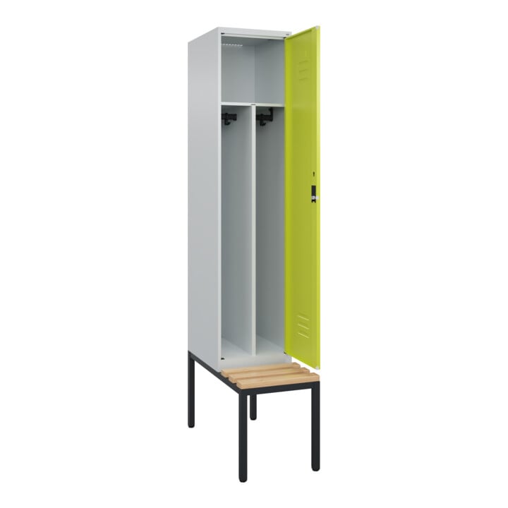 C+P Spind Classic PLUS, Bank, 1 Abteil, 2120x400x815mm, 7035/0024 Verschluss Zylinderschloss 4 Garderobenhaken Trennwand mittig  Sitzbanktyp untergebaut