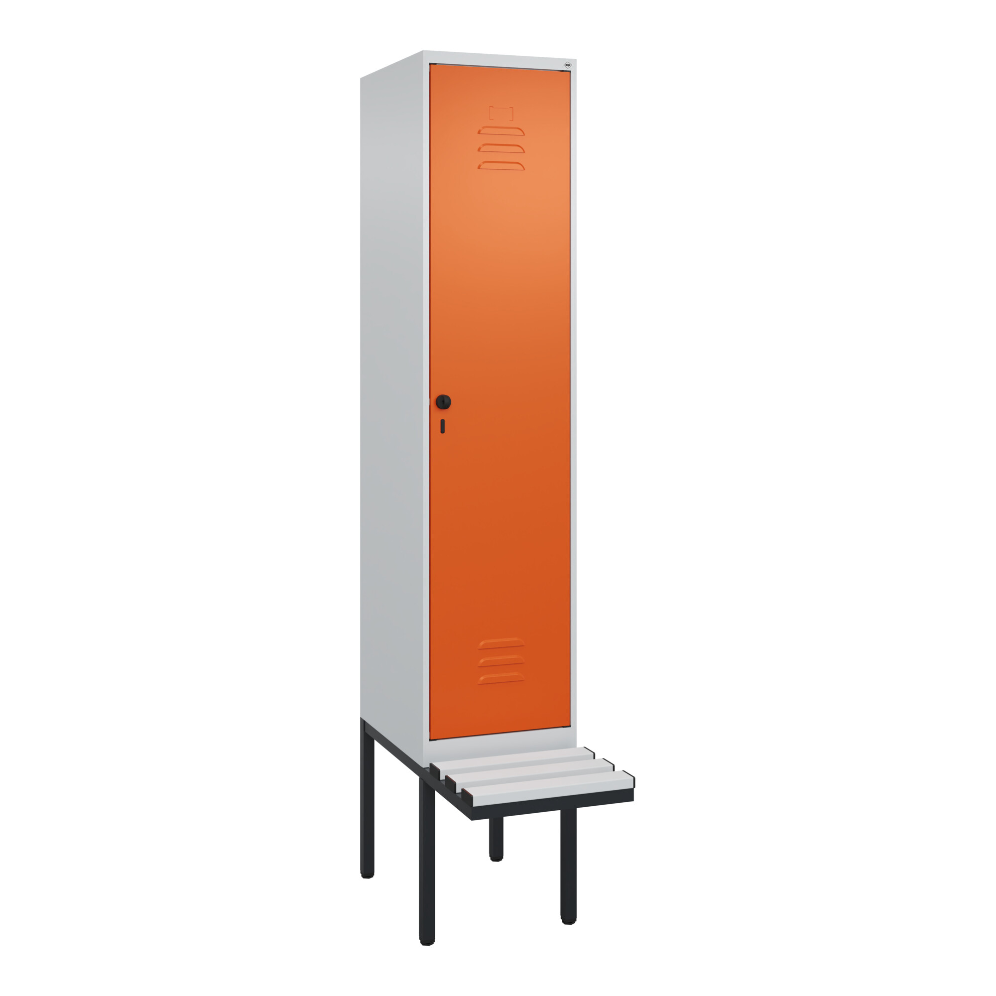 C+P Spind Classic PLUS, Bank, 1 Abteil, 2120x400x815mm, 7035/2004 Verschluss Sicherheits-Drehriegel 4 Garderobenhaken Dekor Banklatten RAL 7035 Licht