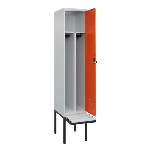 C+P Spind Classic PLUS, Bank, 1 Abteil, 2120x400x815mm, 7035/2004 Verschluss Sicherheits-Drehriegel 4 Garderobenhaken Trennwand mittig Dekor Banklatten RAL 7035 Lichtgrau Sitzbanktyp auskragend