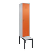 C+P Spind Classic PLUS, Bank, 1 Abteil, 2120x400x815mm, 7035/2004 Verschluss Sicherheits-Drehriegel 4 Garderobenhaken Trennwand mittig Dekor Banklatten RAL 7035 Lichtgrau Sitzbanktyp untergebaut