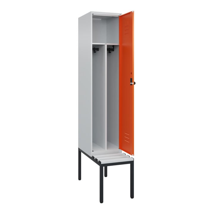 C+P Spind Classic PLUS, Bank, 1 Abteil, 2120x400x815mm, 7035/2004 Verschluss Sicherheits-Drehriegel 4 Garderobenhaken Trennwand mittig Dekor Banklatten RAL 7035 Lichtgrau Sitzbanktyp untergebaut