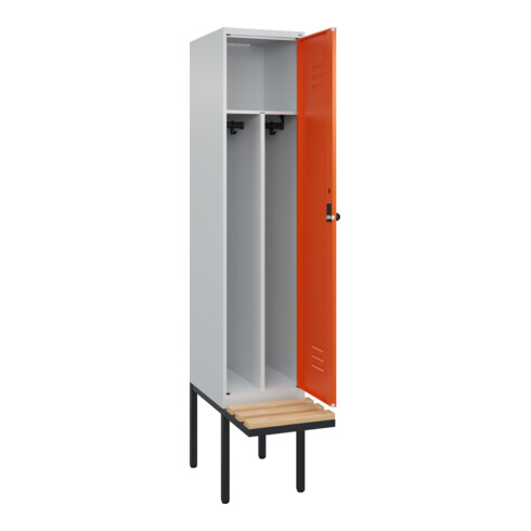 C+P Spind Classic PLUS, Bank, 1 Abteil, 2120x400x815mm, 7035/2004 Verschluss Sicherheits-Drehriegel 4 Garderobenhaken Trennwand mittig  Sitzbanktyp auskragend