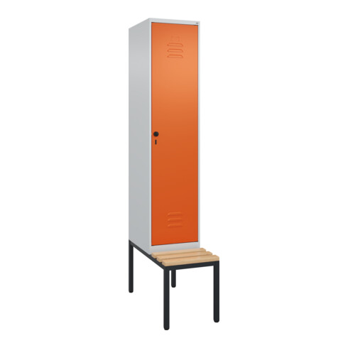 C+P Spind Classic PLUS, Bank, 1 Abteil, 2120x400x815mm, 7035/2004 Verschluss Sicherheits-Drehriegel 4 Garderobenhaken Trennwand mittig  Sitzbanktyp untergebaut