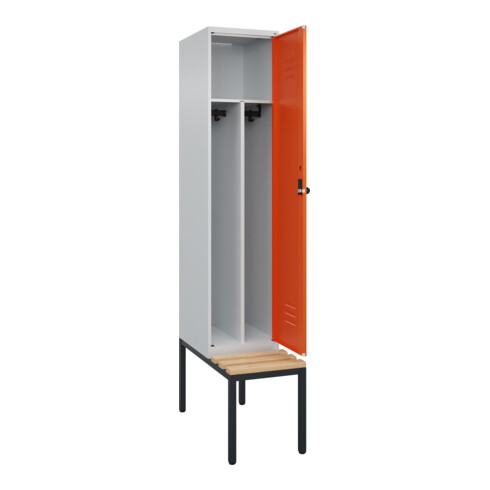 C+P Spind Classic PLUS, Bank, 1 Abteil, 2120x400x815mm, 7035/2004 Verschluss Sicherheits-Drehriegel 4 Garderobenhaken Trennwand mittig  Sitzbanktyp untergebaut