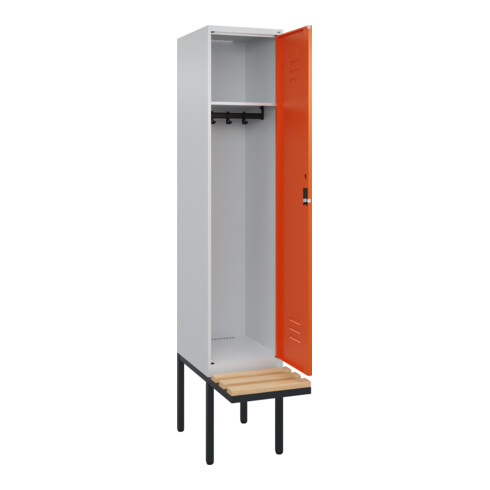 C+P Spind Classic PLUS, Bank, 1 Abteil, 2120x400x815mm, 7035/2004 Verschluss Zylinderschloss 4 Garderobenhaken   Sitzbanktyp auskragend
