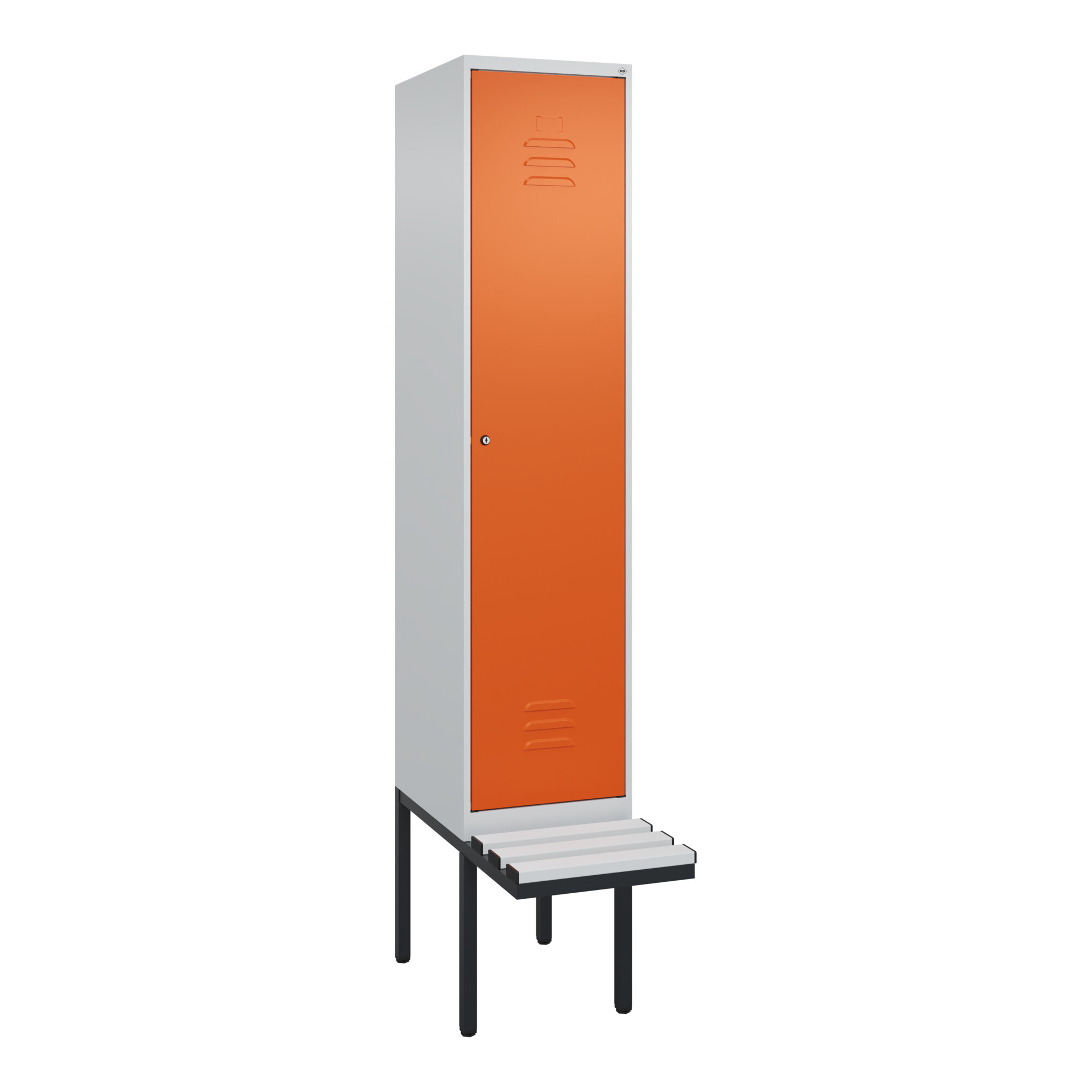 C+P Spind Classic PLUS, Bank, 1 Abteil, 2120x400x815mm, 7035/2004 Verschluss Zylinderschloss 4 Garderobenhaken Trennwand mittig Dekor Banklatten RAL 7