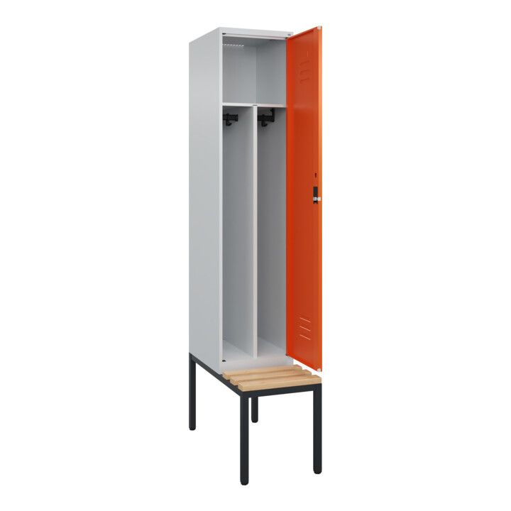 C+P Spind Classic PLUS, Bank, 1 Abteil, 2120x400x815mm, 7035/2004 Verschluss Zylinderschloss 4 Garderobenhaken Trennwand mittig  Sitzbanktyp untergebaut