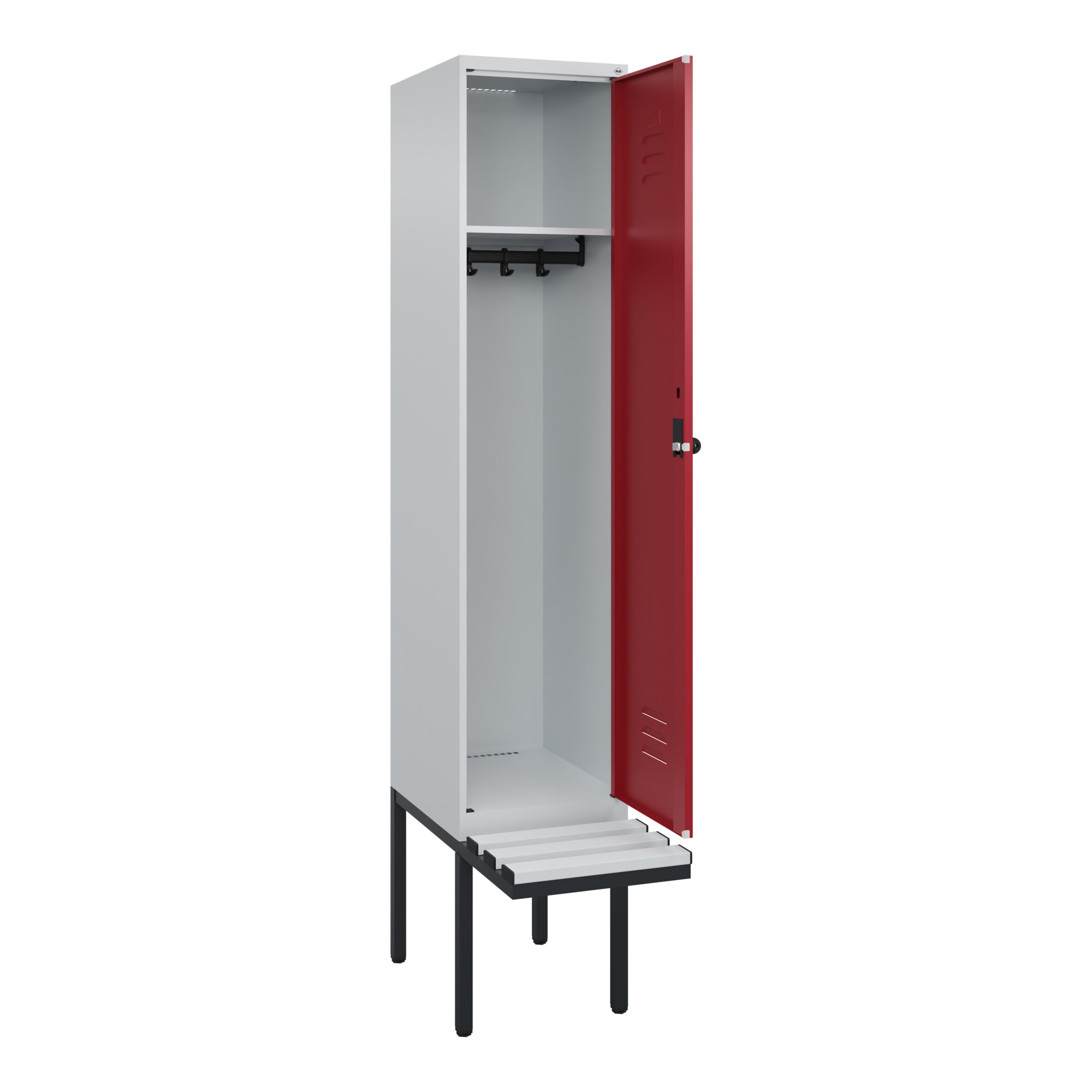 C+P Spind Classic PLUS, Bank, 1 Abteil, 2120x400x815mm, 7035/3003 Verschluss Sicherheits-Drehriegel 4 Garderobenhaken Dekor Banklatten RAL 7035 Licht