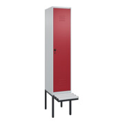 C+P Spind Classic PLUS, Bank, 1 Abteil, 2120x400x815mm, 7035/3003 Verschluss Sicherheits-Drehriegel 4 Garderobenhaken Trennwand mittig Dekor Banklatten RAL 7035 Lichtgrau Sitzbanktyp auskragend