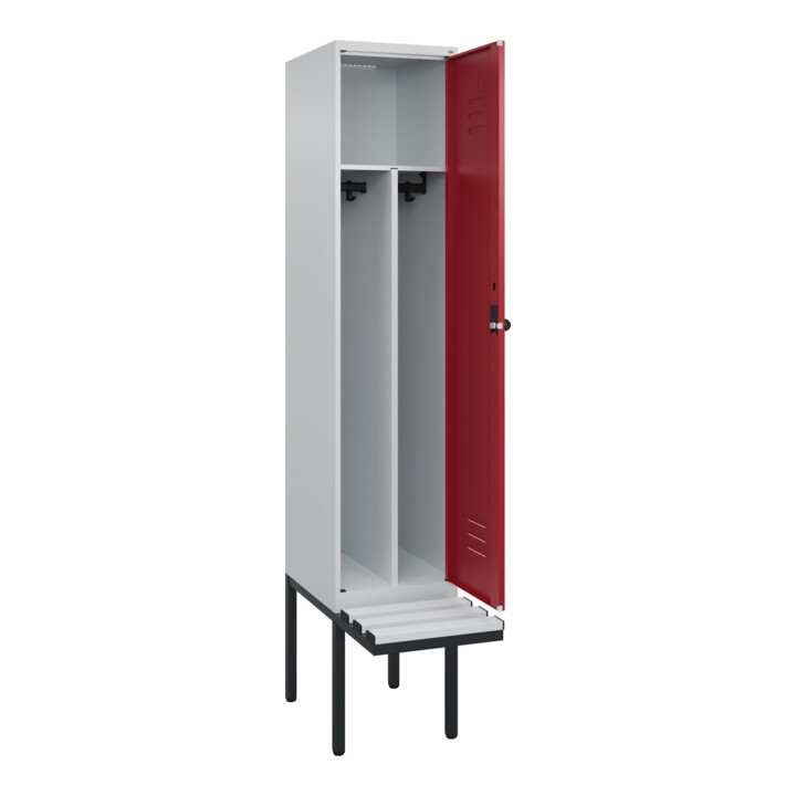 C+P Spind Classic PLUS, Bank, 1 Abteil, 2120x400x815mm, 7035/3003 Verschluss Sicherheits-Drehriegel 4 Garderobenhaken Trennwand mittig Dekor Banklatten RAL 7035 Lichtgrau Sitzbanktyp auskragend