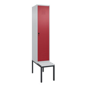 C+P Spind Classic PLUS, Bank, 1 Abteil, 2120x400x815mm, 7035/3003 Verschluss Sicherheits-Drehriegel 4 Garderobenhaken Trennwand mittig Dekor Banklatten RAL 7035 Lichtgrau Sitzbanktyp untergebaut