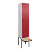 C+P Spind Classic PLUS, Bank, 1 Abteil, 2120x400x815mm, 7035/3003 Verschluss Sicherheits-Drehriegel 4 Garderobenhaken Trennwand mittig  Sitzbanktyp auskragend
