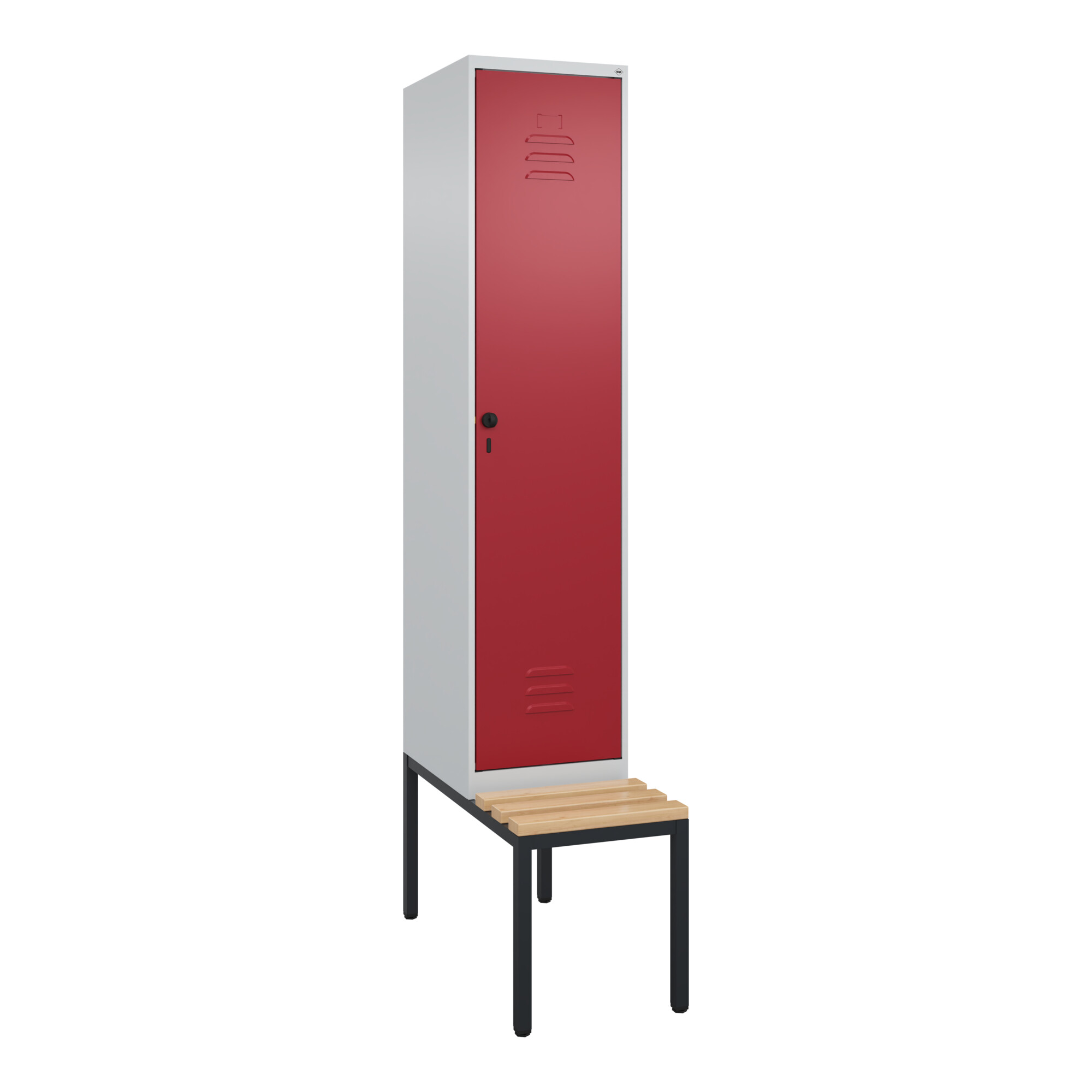 C+P Spind Classic PLUS, Bank, 1 Abteil, 2120x400x815mm, 7035/3003 Verschluss Sicherheits-Drehriegel 4 Garderobenhaken Trennwand mittig Sitzbanktyp un