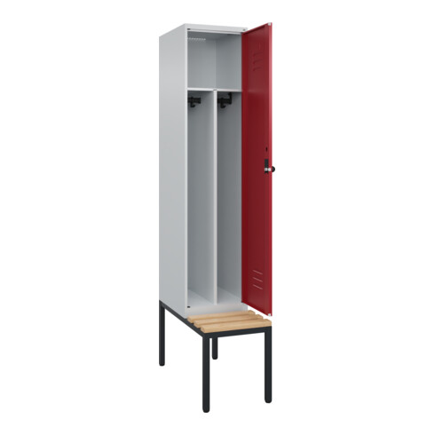 C+P Spind Classic PLUS, Bank, 1 Abteil, 2120x400x815mm, 7035/3003 Verschluss Sicherheits-Drehriegel 4 Garderobenhaken Trennwand mittig  Sitzbanktyp untergebaut