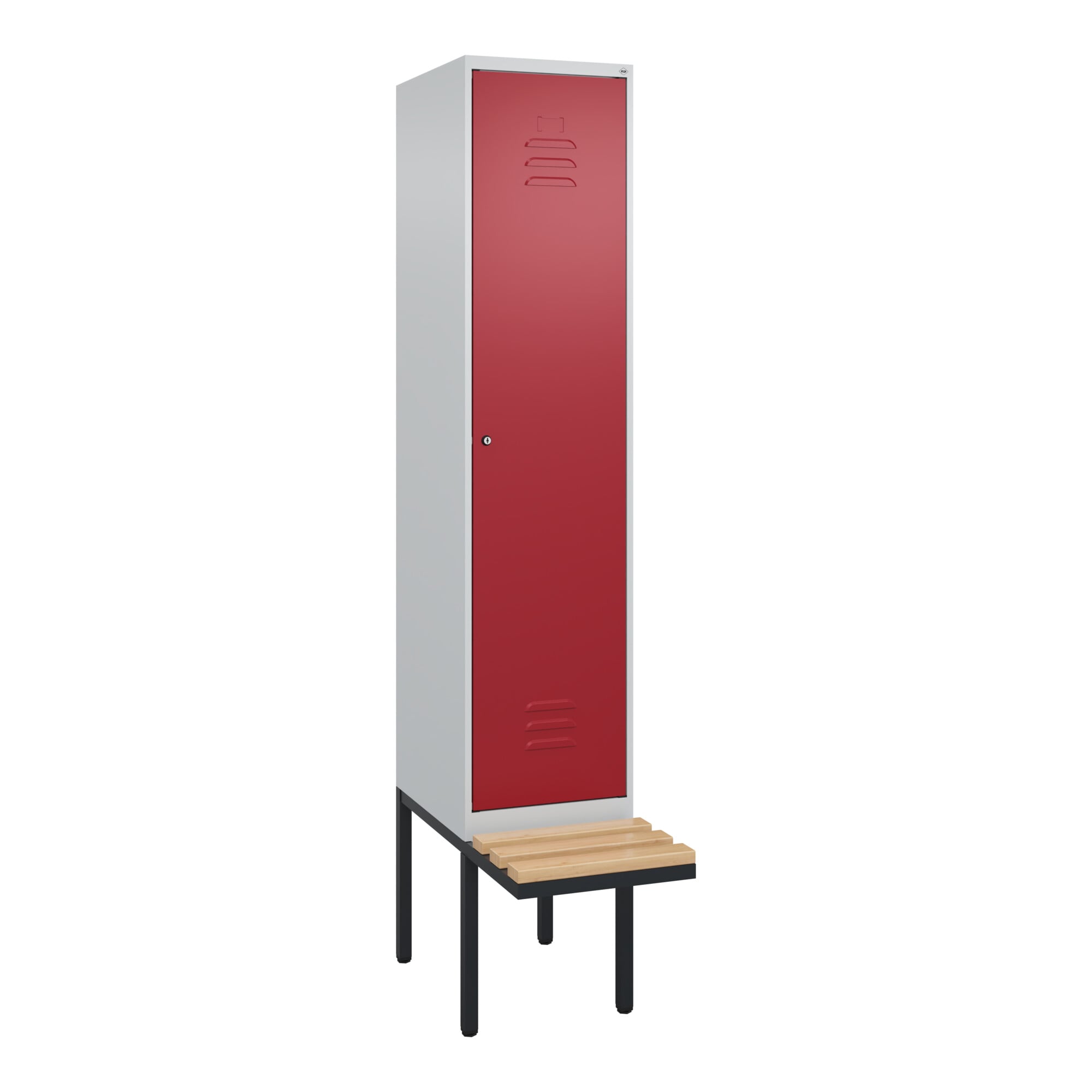 C+P Spind Classic PLUS, Bank, 1 Abteil, 2120x400x815mm, 7035/3003 Verschluss Zylinderschloss 4 Garderobenhaken Sitzbanktyp auskragend ; C + P Möbels