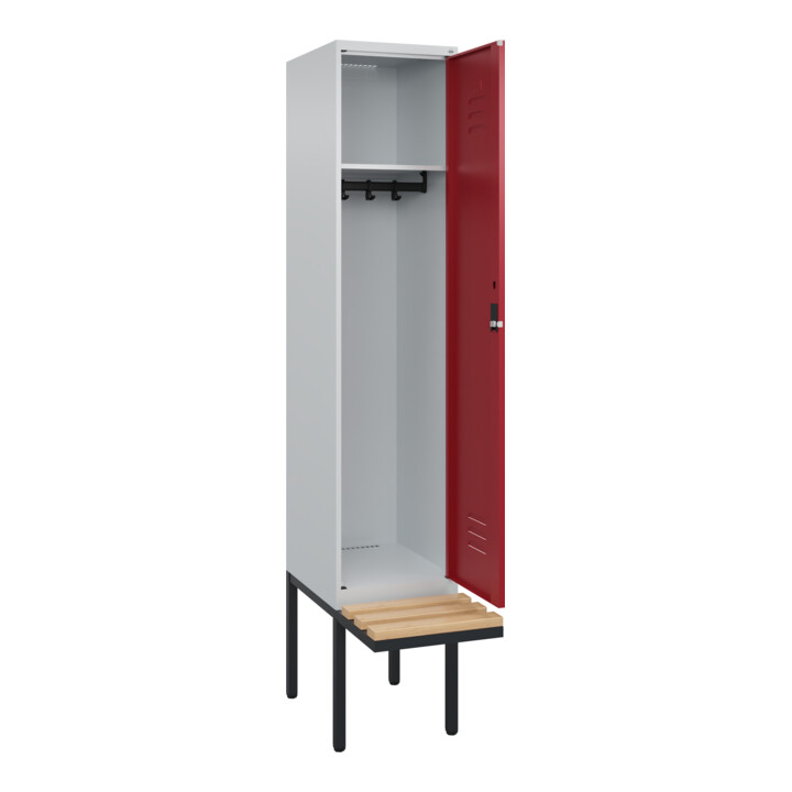 C+P Spind Classic PLUS, Bank, 1 Abteil, 2120x400x815mm, 7035/3003 Verschluss Zylinderschloss 4 Garderobenhaken   Sitzbanktyp auskragend