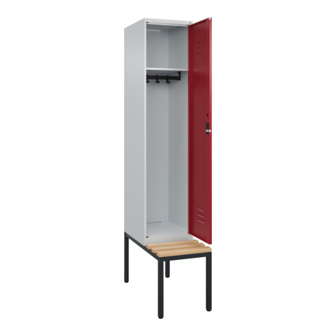 C+P Spind Classic PLUS, Bank, 1 Abteil, 2120x400x815mm, 7035/3003 Verschluss Zylinderschloss 4 Garderobenhaken   Sitzbanktyp untergebaut