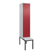 C+P Spind Classic PLUS, Bank, 1 Abteil, 2120x400x815mm, 7035/3003 Verschluss Zylinderschloss 4 Garderobenhaken Trennwand mittig Dekor Banklatten RAL 7035 Lichtgrau Sitzbanktyp untergebaut