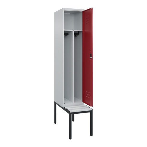C+P Spind Classic PLUS, Bank, 1 Abteil, 2120x400x815mm, 7035/3003 Verschluss Zylinderschloss 4 Garderobenhaken Trennwand mittig Dekor Banklatten RAL 7035 Lichtgrau Sitzbanktyp untergebaut