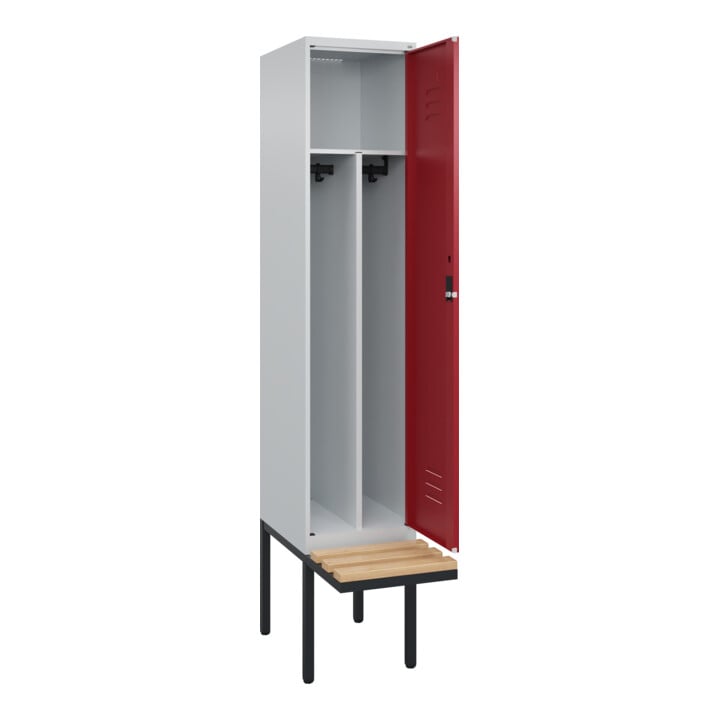 C+P Spind Classic PLUS, Bank, 1 Abteil, 2120x400x815mm, 7035/3003 Verschluss Zylinderschloss 4 Garderobenhaken Trennwand mittig  Sitzbanktyp auskragend