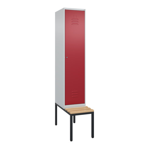 C+P Spind Classic PLUS, Bank, 1 Abteil, 2120x400x815mm, 7035/3003 Verschluss Zylinderschloss 4 Garderobenhaken Trennwand mittig  Sitzbanktyp untergebaut