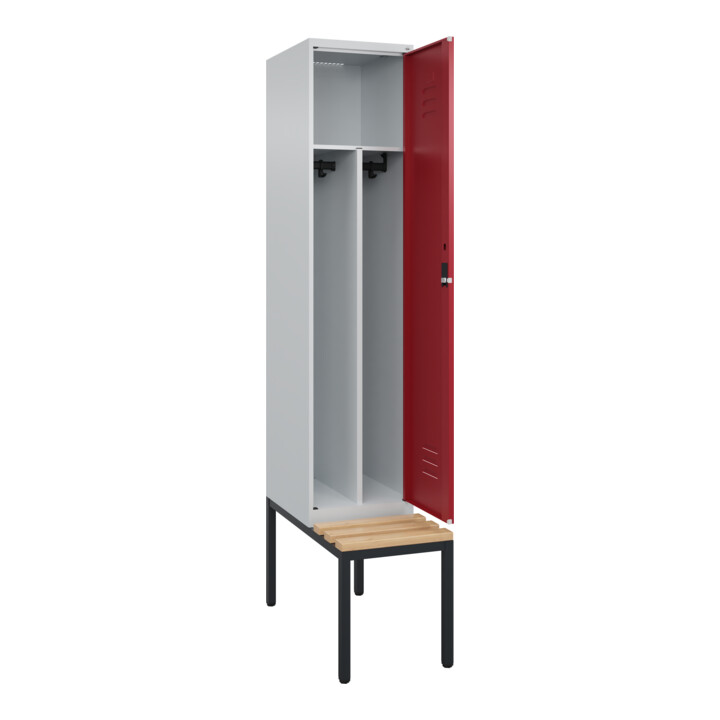 C+P Spind Classic PLUS, Bank, 1 Abteil, 2120x400x815mm, 7035/3003 Verschluss Zylinderschloss 4 Garderobenhaken Trennwand mittig  Sitzbanktyp untergebaut