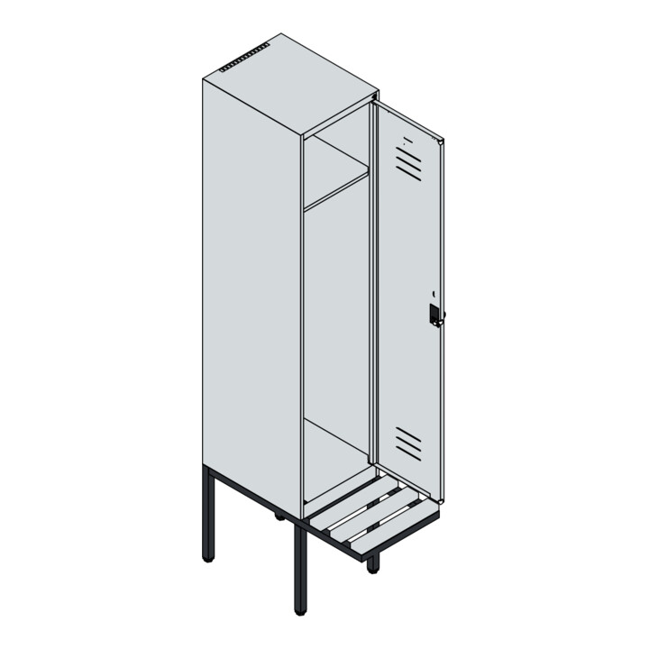 C+P Spind Classic PLUS, Bank, 1 Abteil, 2120x400x815mm, 7035/3020 Verschluss Sicherheits-Drehriegel 4 Garderobenhaken   Sitzbanktyp auskragend