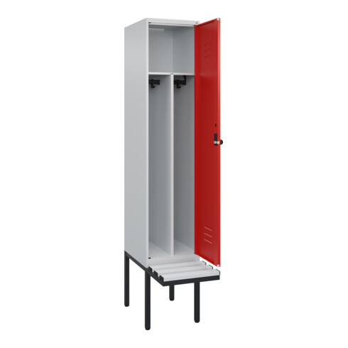 C+P Spind Classic PLUS, Bank, 1 Abteil, 2120x400x815mm, 7035/3020 Verschluss Sicherheits-Drehriegel 4 Garderobenhaken Trennwand mittig Dekor Banklatten RAL 7035 Lichtgrau Sitzbanktyp auskragend