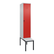 C+P Spind Classic PLUS, Bank, 1 Abteil, 2120x400x815mm, 7035/3020 Verschluss Sicherheits-Drehriegel 4 Garderobenhaken Trennwand mittig Dekor Banklatten RAL 7035 Lichtgrau Sitzbanktyp untergebaut