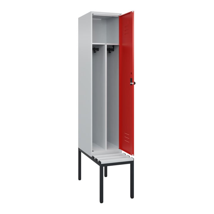 C+P Spind Classic PLUS, Bank, 1 Abteil, 2120x400x815mm, 7035/3020 Verschluss Sicherheits-Drehriegel 4 Garderobenhaken Trennwand mittig Dekor Banklatten RAL 7035 Lichtgrau Sitzbanktyp untergebaut