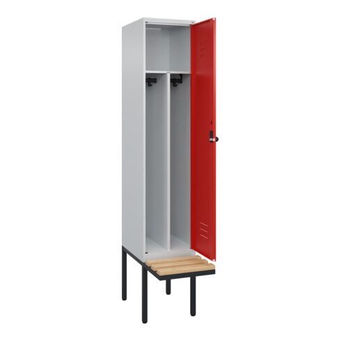 C+P Spind Classic PLUS, Bank, 1 Abteil, 2120x400x815mm, 7035/3020 Verschluss Sicherheits-Drehriegel 4 Garderobenhaken Trennwand mittig  Sitzbanktyp auskragend