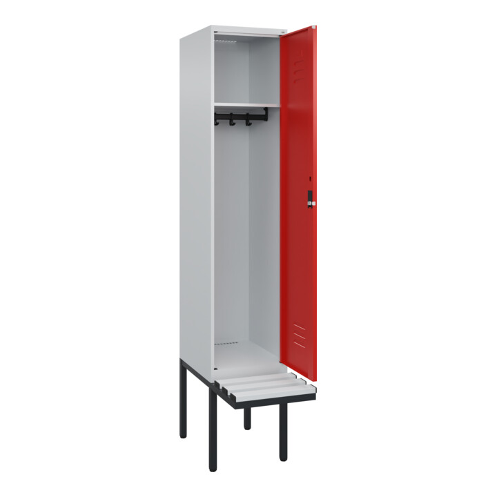 C+P Spind Classic PLUS, Bank, 1 Abteil, 2120x400x815mm, 7035/3020 Verschluss Zylinderschloss 4 Garderobenhaken  Dekor Banklatten RAL 7035 Lichtgrau Sitzbanktyp auskragend