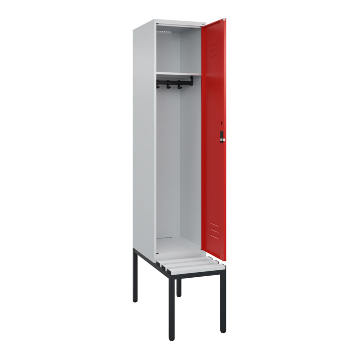 C+P Spind Classic PLUS, Bank, 1 Abteil, 2120x400x815mm, 7035/3020 Verschluss Zylinderschloss 4 Garderobenhaken  Dekor Banklatten RAL 7035 Lichtgrau Sitzbanktyp untergebaut