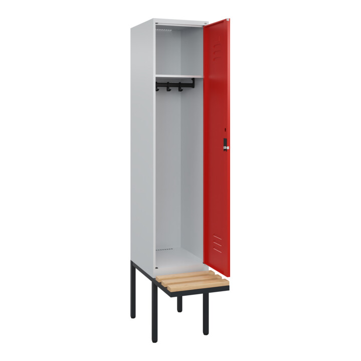 C+P Spind Classic PLUS, Bank, 1 Abteil, 2120x400x815mm, 7035/3020 Verschluss Zylinderschloss 4 Garderobenhaken   Sitzbanktyp auskragend