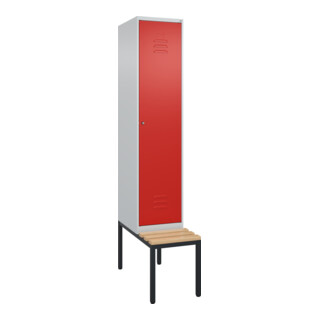 C+P Spind Classic PLUS, Bank, 1 Abteil, 2120x400x815mm, 7035/3020 Verschluss Zylinderschloss 4 Garderobenhaken   Sitzbanktyp untergebaut