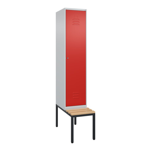 C+P Spind Classic PLUS, Bank, 1 Abteil, 2120x400x815mm, 7035/3020 Verschluss Zylinderschloss 4 Garderobenhaken   Sitzbanktyp untergebaut