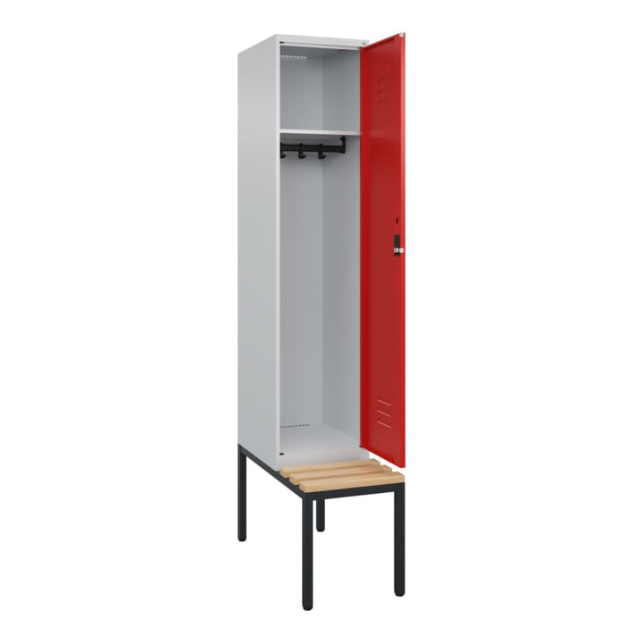 C+P Spind Classic PLUS, Bank, 1 Abteil, 2120x400x815mm, 7035/3020 Verschluss Zylinderschloss 4 Garderobenhaken   Sitzbanktyp untergebaut