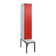 C+P Spind Classic PLUS, Bank, 1 Abteil, 2120x400x815mm, 7035/3020 Verschluss Zylinderschloss 4 Garderobenhaken Trennwand mittig Dekor Banklatten RAL 7035 Lichtgrau Sitzbanktyp untergebaut