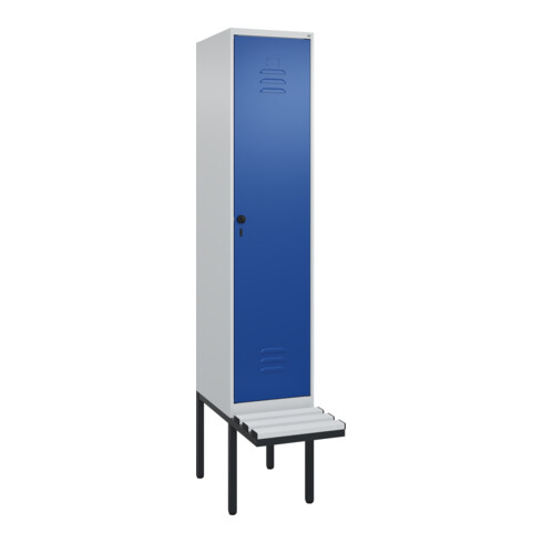C+P Spind Classic PLUS, Bank, 1 Abteil, 2120x400x815mm, 7035/5010 Verschluss Sicherheits-Drehriegel 4 Garderobenhaken Trennwand mittig Dekor Banklatten RAL 7035 Lichtgrau Sitzbanktyp auskragend