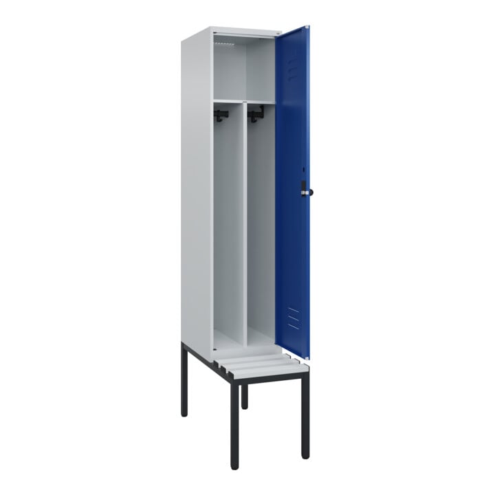 C+P Spind Classic PLUS, Bank, 1 Abteil, 2120x400x815mm, 7035/5010 Verschluss Sicherheits-Drehriegel 4 Garderobenhaken Trennwand mittig Dekor Banklatten RAL 7035 Lichtgrau Sitzbanktyp untergebaut