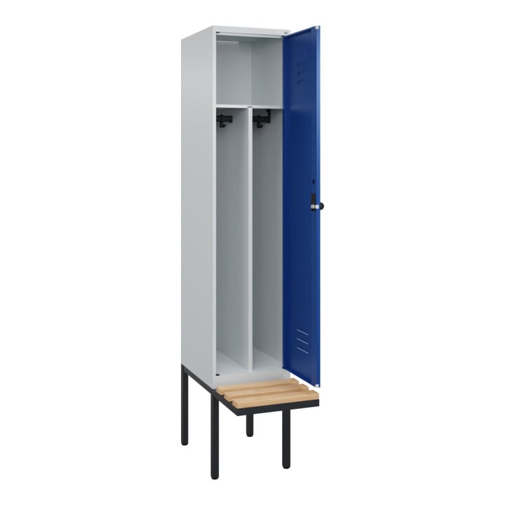 C+P Spind Classic PLUS, Bank, 1 Abteil, 2120x400x815mm, 7035/5010 Verschluss Sicherheits-Drehriegel 4 Garderobenhaken Trennwand mittig  Sitzbanktyp auskragend