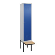 C+P Spind Classic PLUS, Bank, 1 Abteil, 2120x400x815mm, 7035/5010 Verschluss Zylinderschloss 4 Garderobenhaken   Sitzbanktyp auskragend