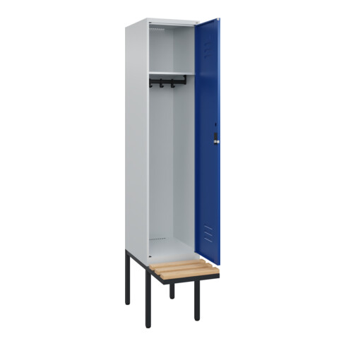 C+P Spind Classic PLUS, Bank, 1 Abteil, 2120x400x815mm, 7035/5010 Verschluss Zylinderschloss 4 Garderobenhaken   Sitzbanktyp auskragend