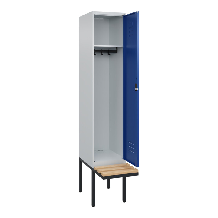 C+P Spind Classic PLUS, Bank, 1 Abteil, 2120x400x815mm, 7035/5010 Verschluss Zylinderschloss 4 Garderobenhaken   Sitzbanktyp auskragend