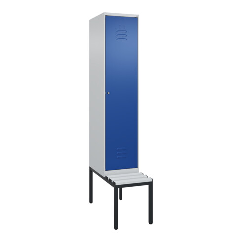 C+P Spind Classic PLUS, Bank, 1 Abteil, 2120x400x815mm, 7035/5010 Verschluss Zylinderschloss 4 Garderobenhaken Trennwand mittig Dekor Banklatten RAL 7035 Lichtgrau Sitzbanktyp untergebaut