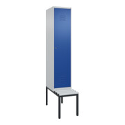 C+P Spind Classic PLUS, Bank, 1 Abteil, 2120x400x815mm, 7035/5010 Verschluss Zylinderschloss 4 Garderobenhaken Trennwand mittig Dekor Banklatten RAL 7035 Lichtgrau Sitzbanktyp untergebaut