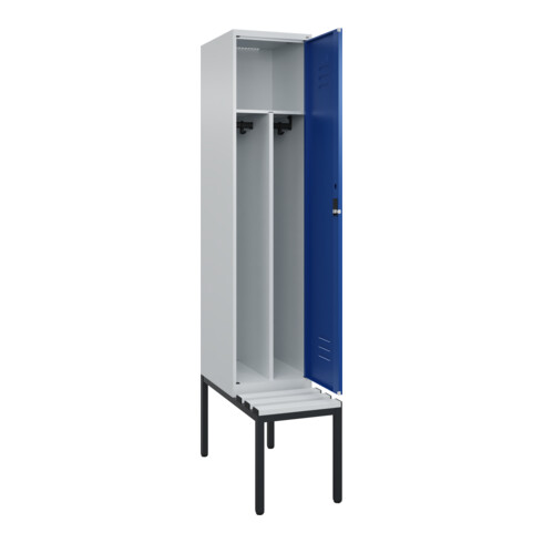C+P Spind Classic PLUS, Bank, 1 Abteil, 2120x400x815mm, 7035/5010 Verschluss Zylinderschloss 4 Garderobenhaken Trennwand mittig Dekor Banklatten RAL 7035 Lichtgrau Sitzbanktyp untergebaut